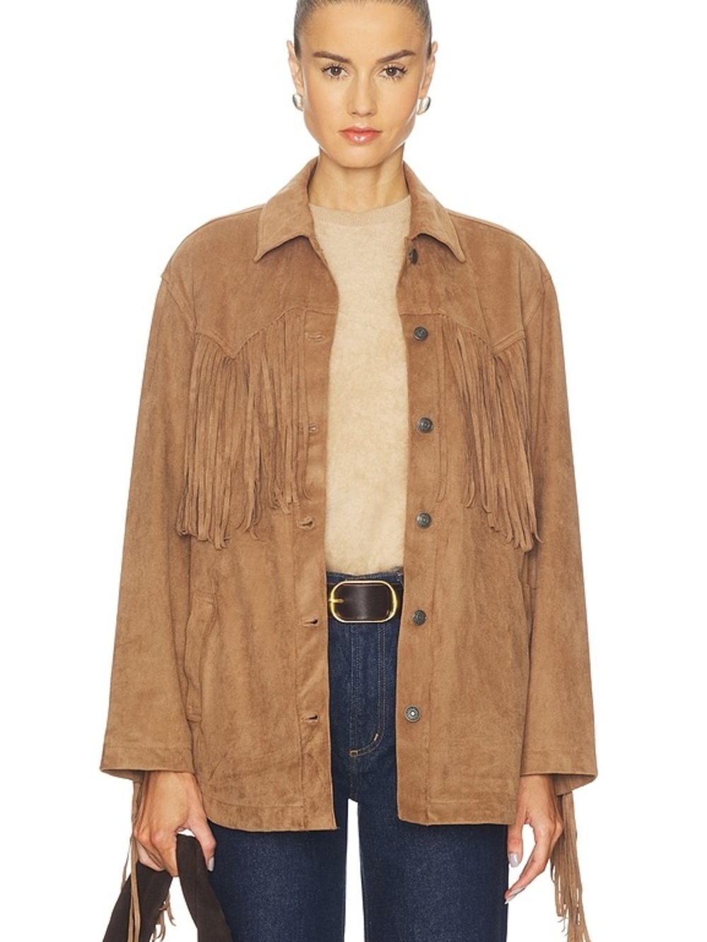 Free People “Fringe Out” Vegan Suede Jacket in Toasted Coconut